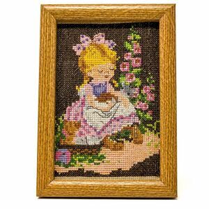 Vintage Handmade Cross Stitch Girl & Cat Framed Needlework Country Cottage